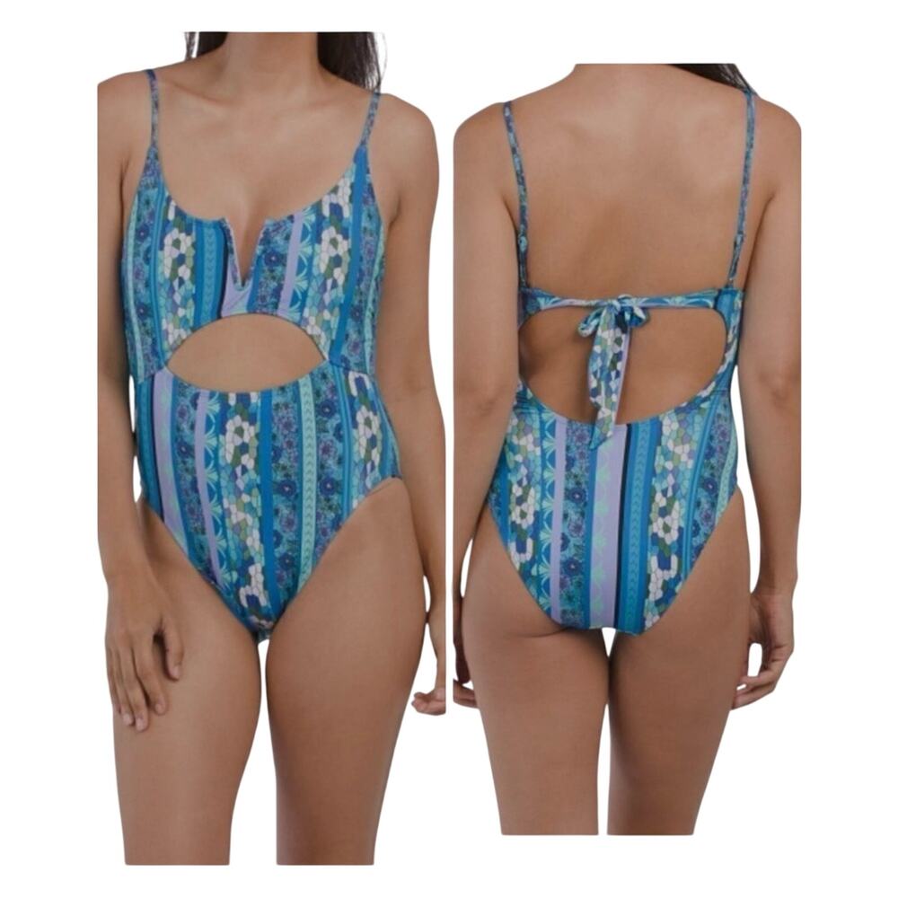 NWT Lucky Brand V-Neck Mixed Media Multi Print Cut Out One Piece Swimsuit Size L - Picture 2 of 13